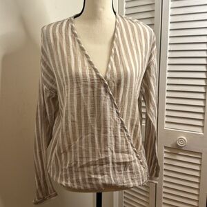 Talori White and Tan Striped Cotton Faux Wrap Blouse.  Size Small